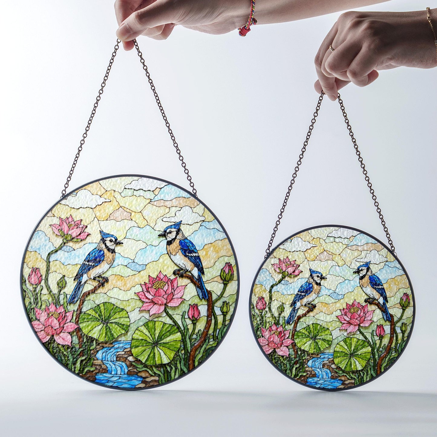 blue jay lotus flower creek stained glass suncatcher bird window decor gift for mom