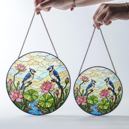 blue jay lotus flower creek stained glass suncatcher bird window decor gift for mom