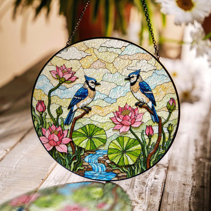 blue jay lotus flower creek stained glass suncatcher bird window decor gift for mom