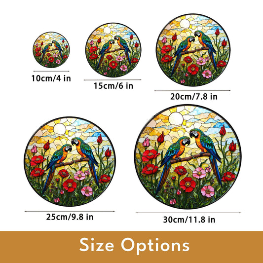 Colorful Parrots Floral Glass Art Suncatcher Window Hanging Parrot Decor Gift for Bird Lovers