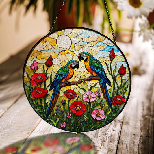 Colorful Parrots Floral Glass Art Suncatcher Window Hanging Parrot Decor Gift for Bird Lovers