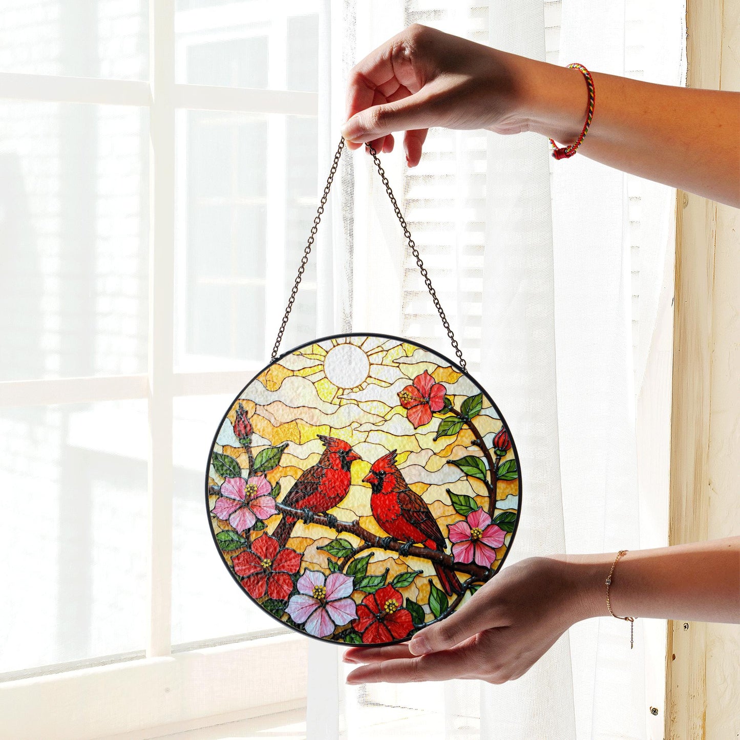 Red Cardinals on Flower Branch Stained Glass Suncatcher Window Art Gift for Mom