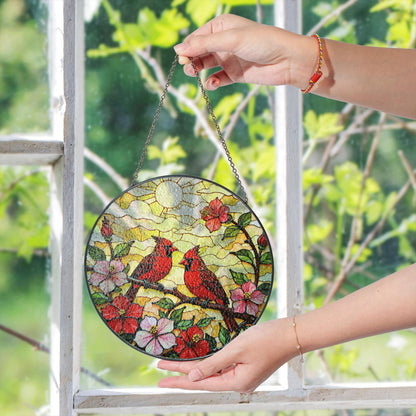 Red Cardinals on Flower Branch Stained Glass Suncatcher Window Art Gift for Mom