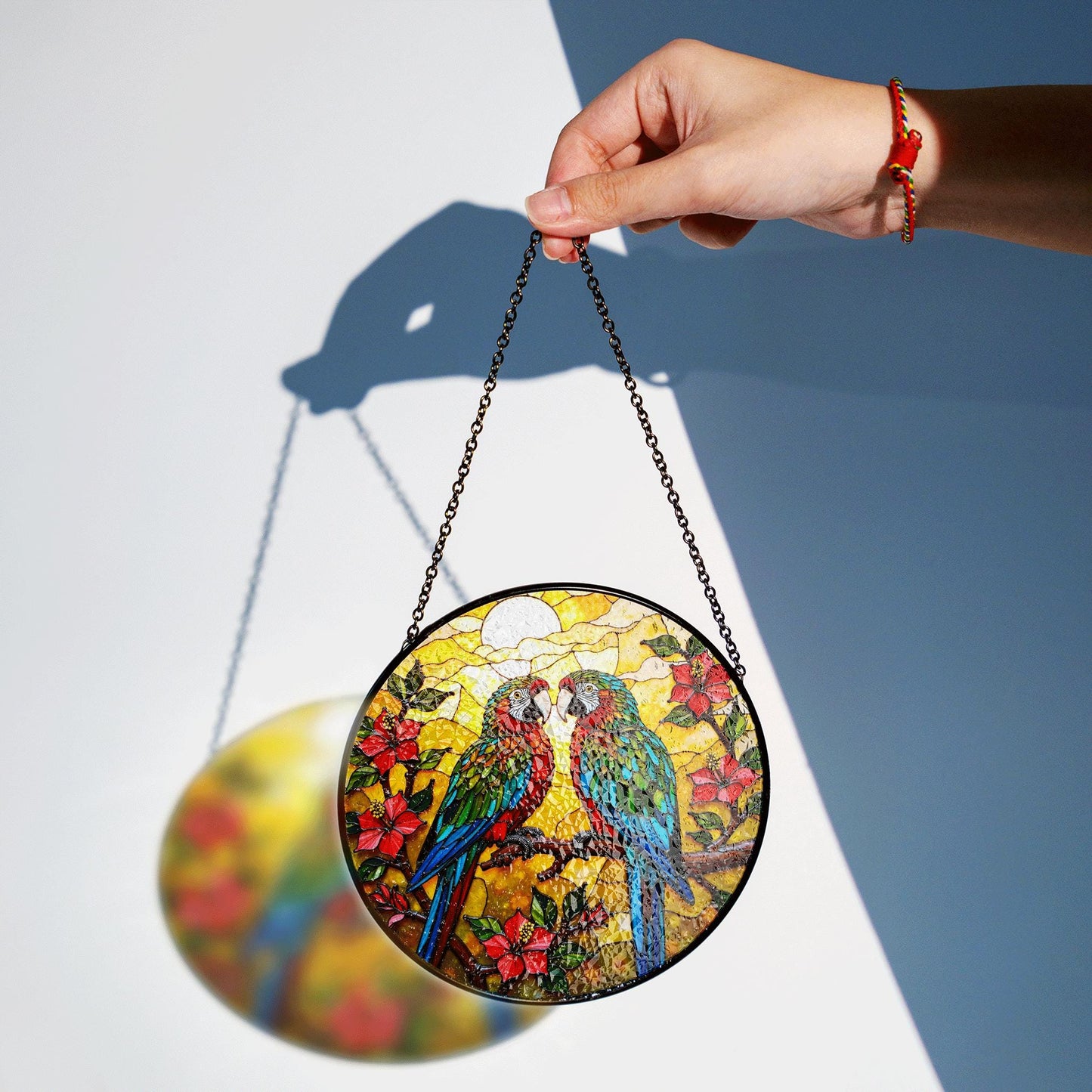 Colorful Parrots Tropical Flowers Stained Glass Window Hanging Round Suncatcher Gift for Bird Lovers