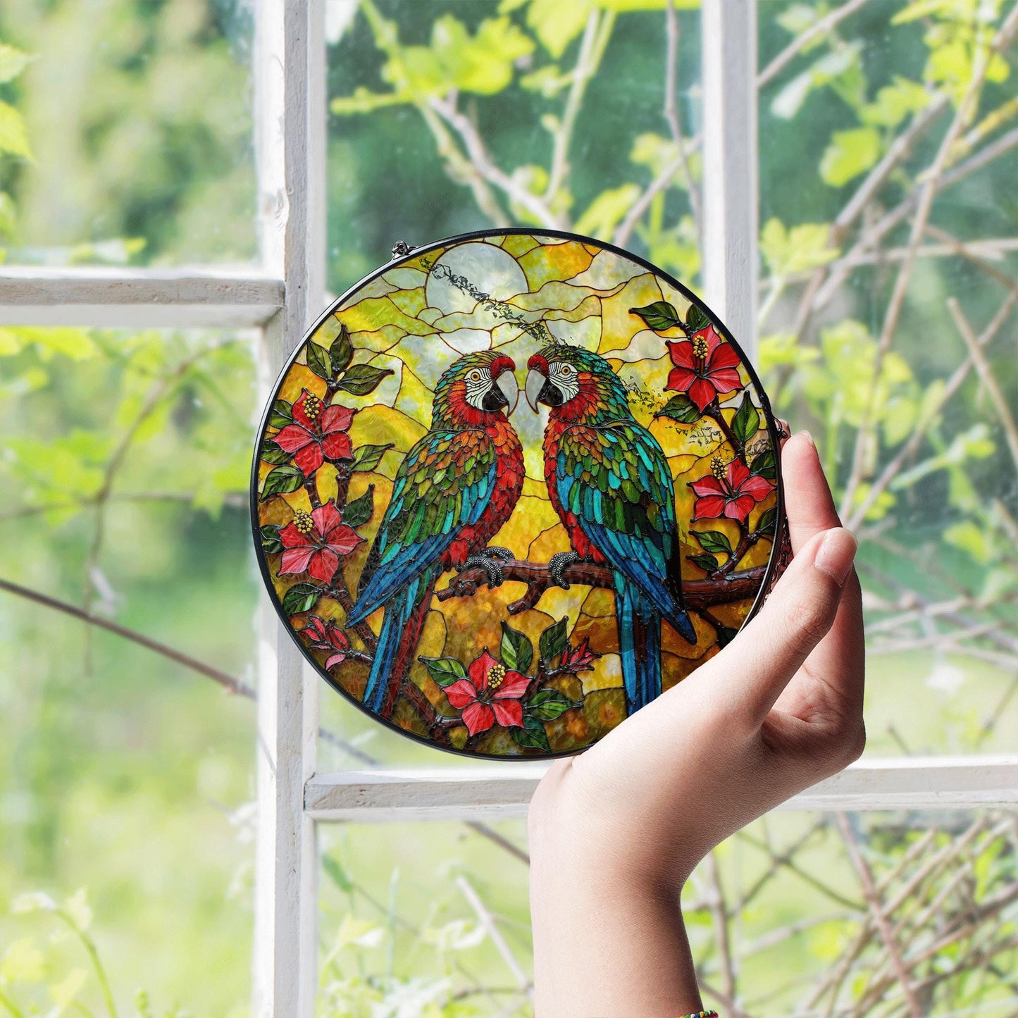 Colorful Parrots Tropical Flowers Stained Glass Window Hanging Round Suncatcher Gift for Bird Lovers