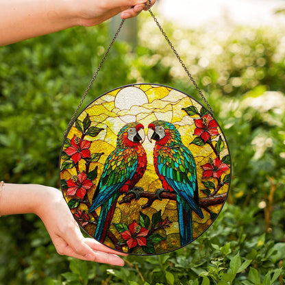 Colorful Parrots Tropical Flowers Stained Glass Window Hanging Round Suncatcher Gift for Bird Lovers