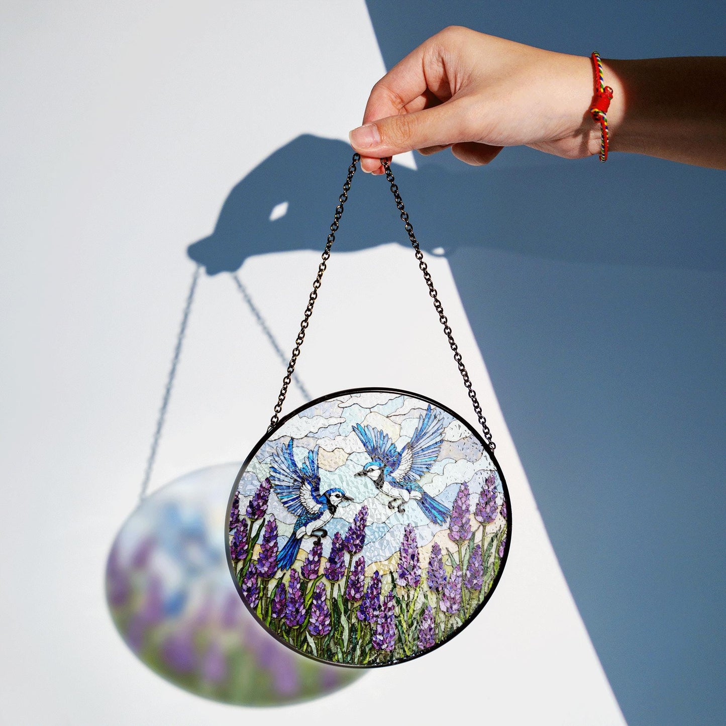 Blue Jays Flying Over Lavender Field Round Stained Glass Suncatcher Gift for Bird Lover