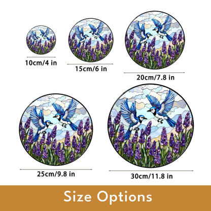 Blue Jays Flying Over Lavender Field Round Stained Glass Suncatcher Gift for Bird Lover