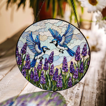 Blue Jays Flying Over Lavender Field Round Stained Glass Suncatcher Gift for Bird Lover