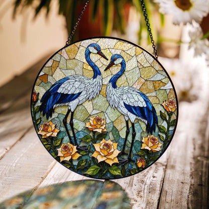 Blue cranes floral suncatcher stained glass window decor perfect gift for bird lovers