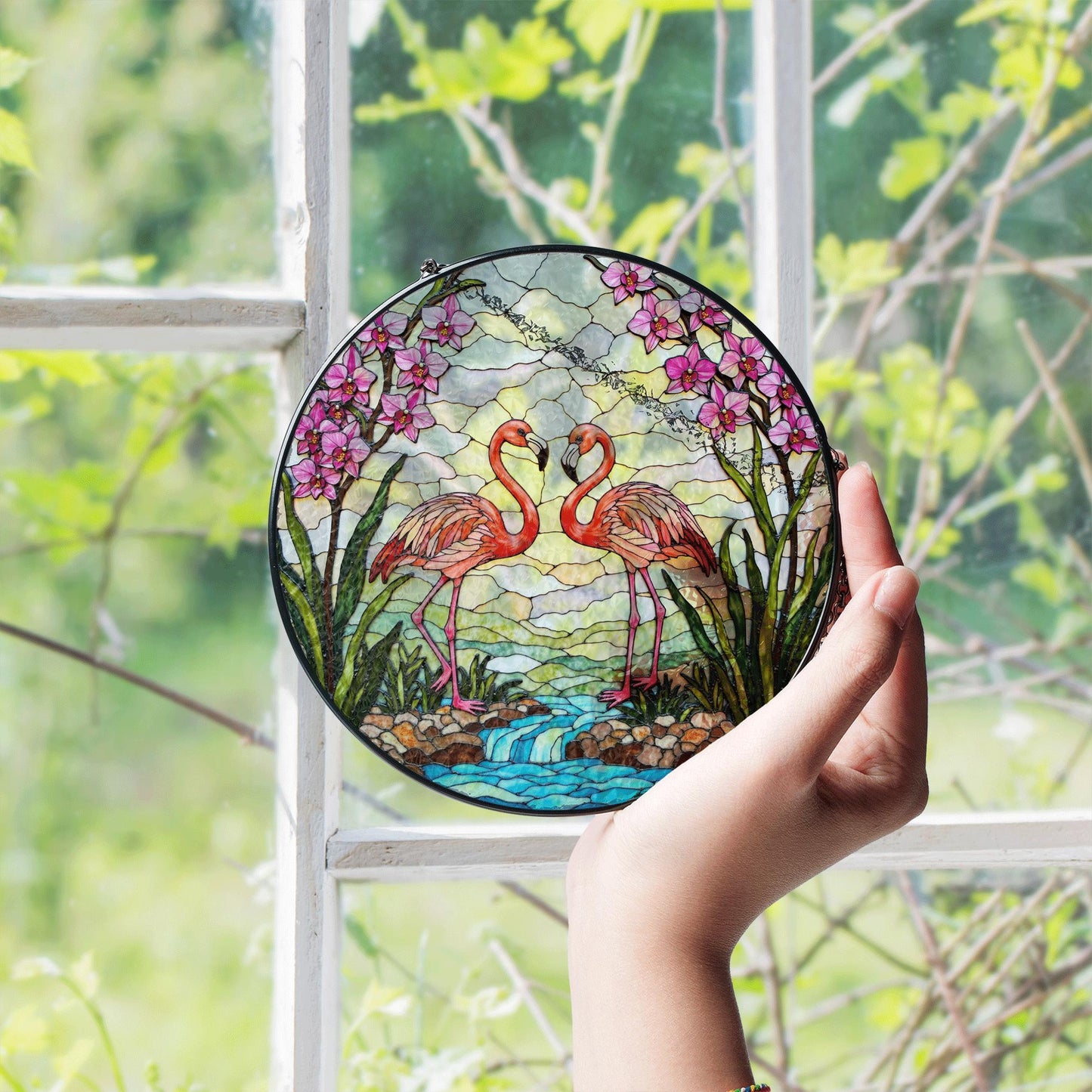 Flamingo River Scene Glass Suncatcher Window Decor Gift for Bird Lovers