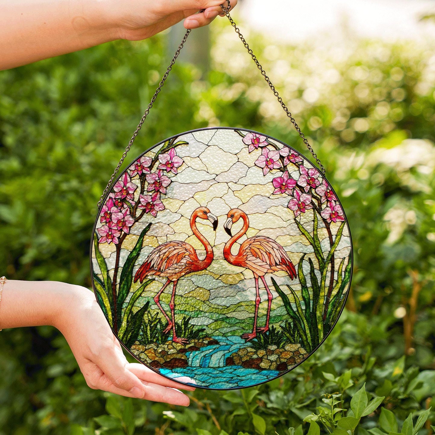 Flamingo River Scene Glass Suncatcher Window Decor Gift for Bird Lovers