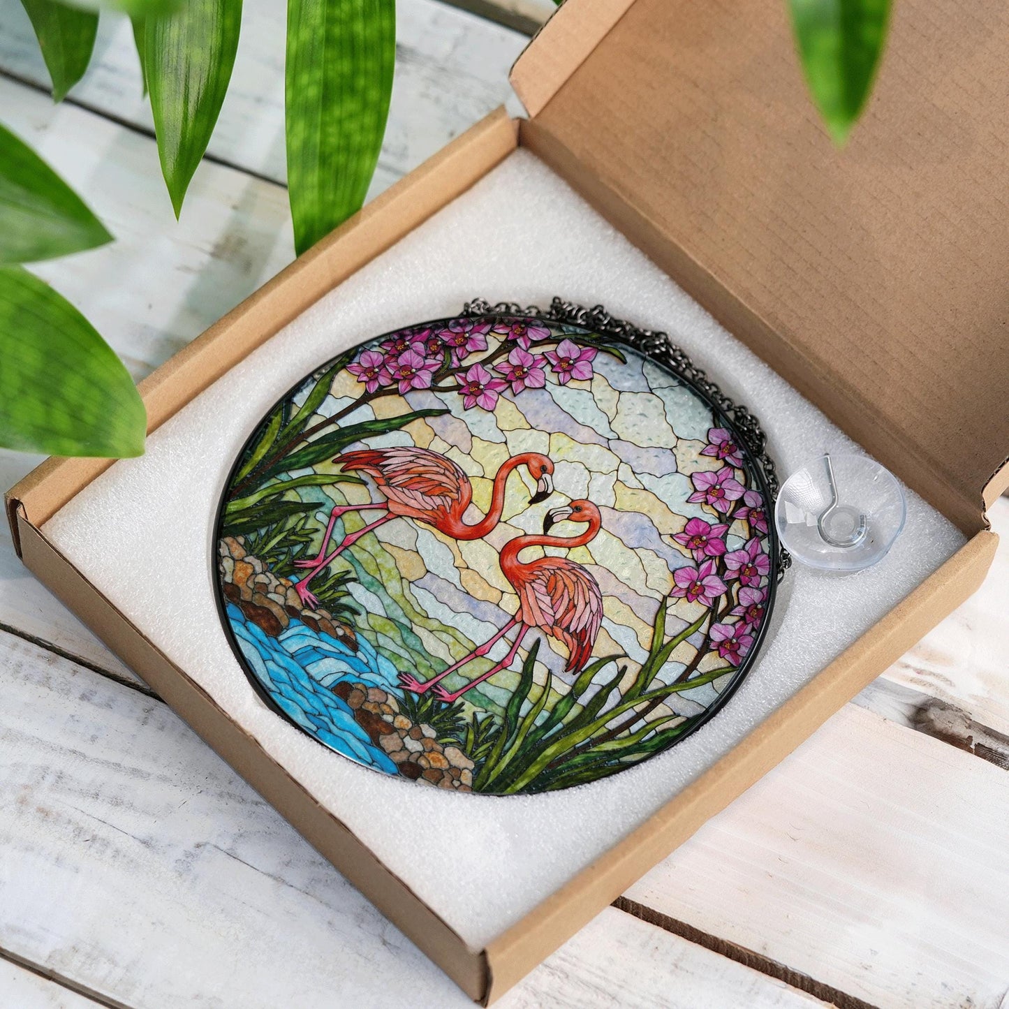 Flamingo River Scene Glass Suncatcher Window Decor Gift for Bird Lovers