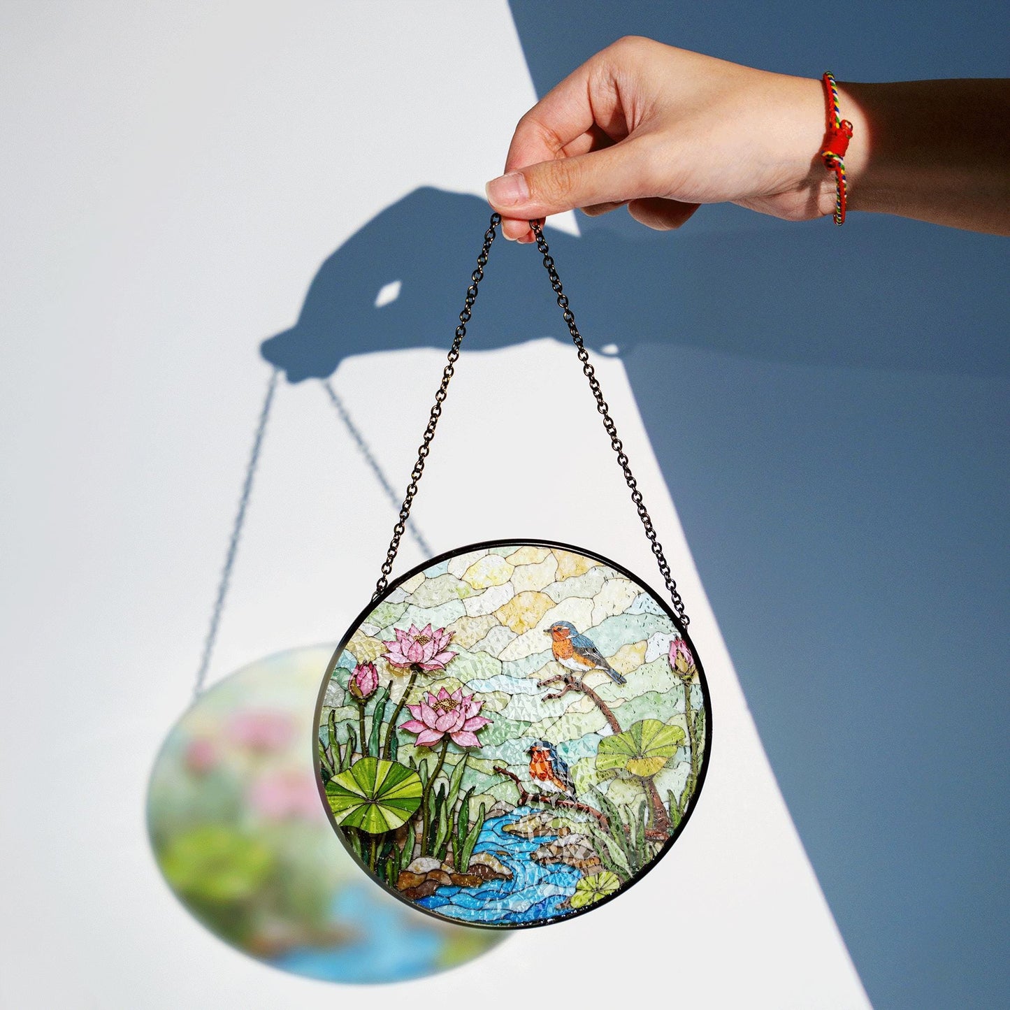 kingfisher lotus pond stained glass suncatcher nature window decor gift for bird lovers