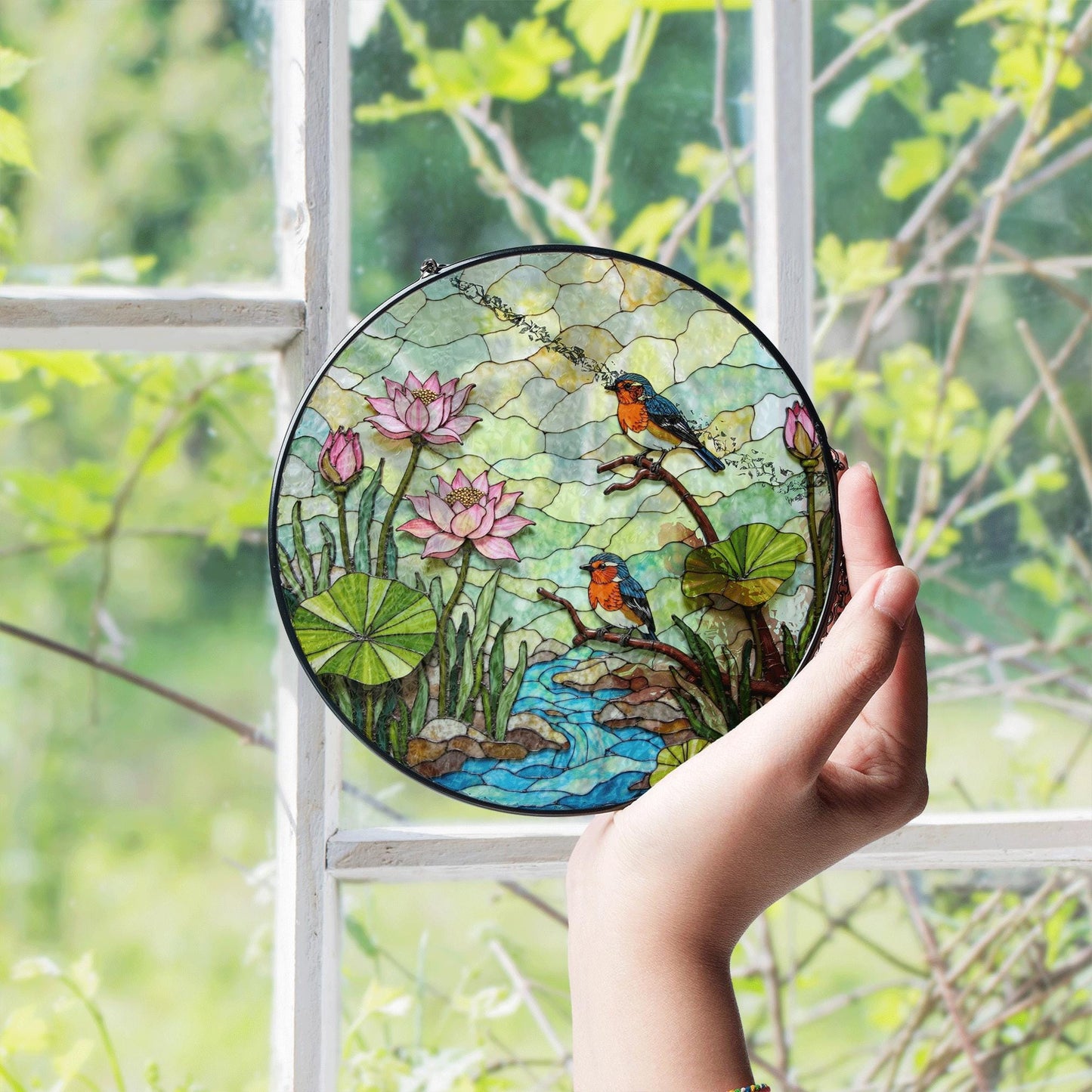 kingfisher lotus pond stained glass suncatcher nature window decor gift for bird lovers