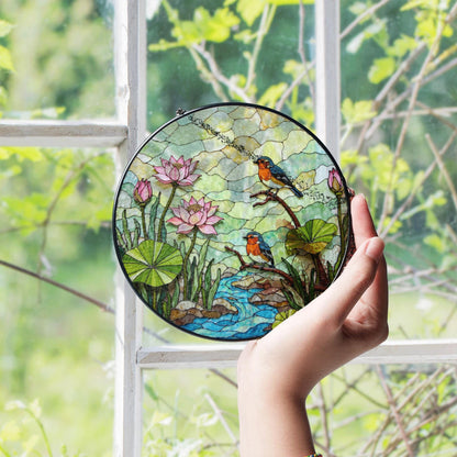 kingfisher lotus pond stained glass suncatcher nature window decor gift for bird lovers