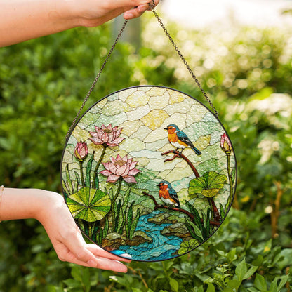kingfisher lotus pond stained glass suncatcher nature window decor gift for bird lovers