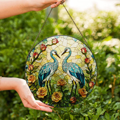 blue heron floral round stained glass window hanging suncatcher bird lover gift