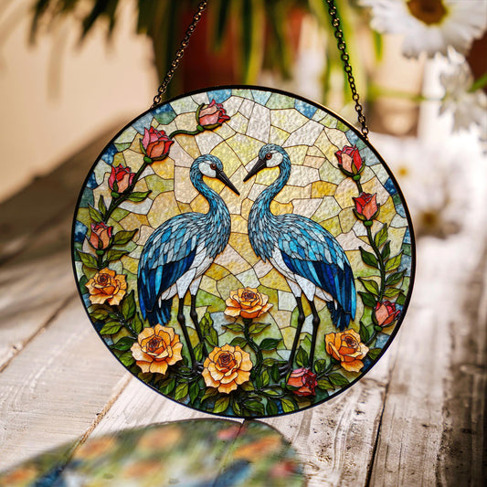 blue heron floral round stained glass window hanging suncatcher bird lover gift