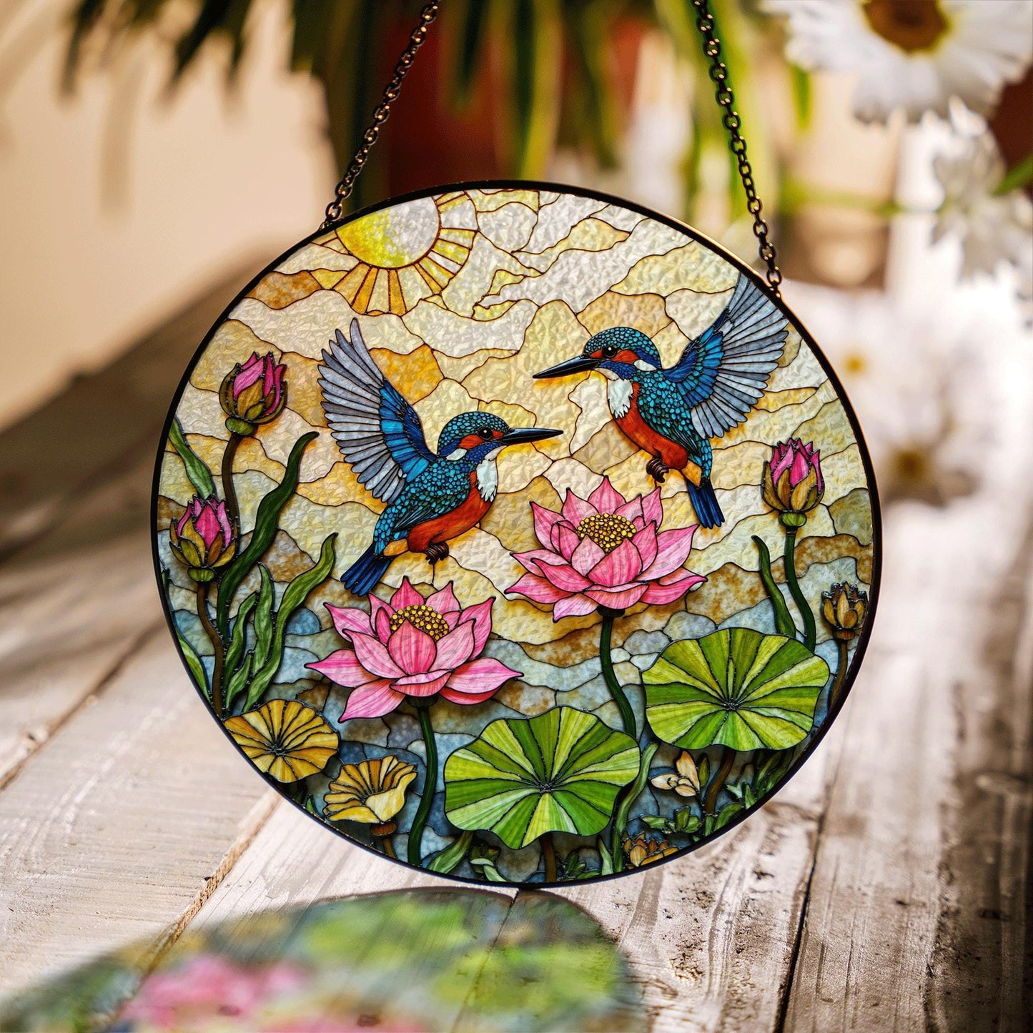 Kingfisher Lotus Pond Suncatcher Stained Glass Window Hanging Gift for Bird Lovers