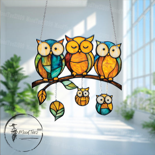 Owl Window Hanging, Colorful Family of Owls on Branch, Cute Window Decoration for Bird Lovers, Nature Theme Home Decor, Gift for Kids