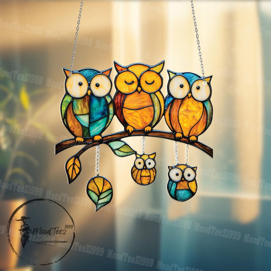 Owl Window Hanging, Colorful Family of Owls on Branch, Cute Window Decoration for Bird Lovers, Nature Theme Home Decor, Gift for Kids