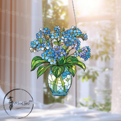 Blue Flower Window Hanging, Decorative Floral Vase with Forget Me Not Design, Elegant Window Decoration for Home, Kitchen, or Garden Room