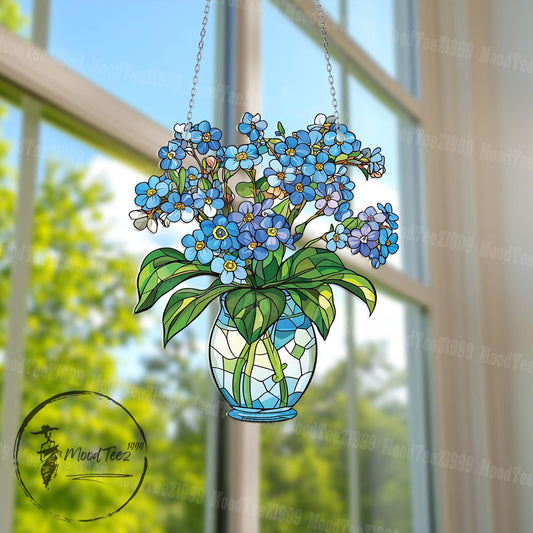 Blue Flower Window Hanging, Decorative Floral Vase with Forget Me Not Design, Elegant Window Decoration for Home, Kitchen, or Garden Room