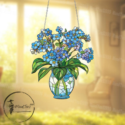 Blue Flower Window Hanging, Decorative Floral Vase with Forget Me Not Design, Elegant Window Decoration for Home, Kitchen, or Garden Room
