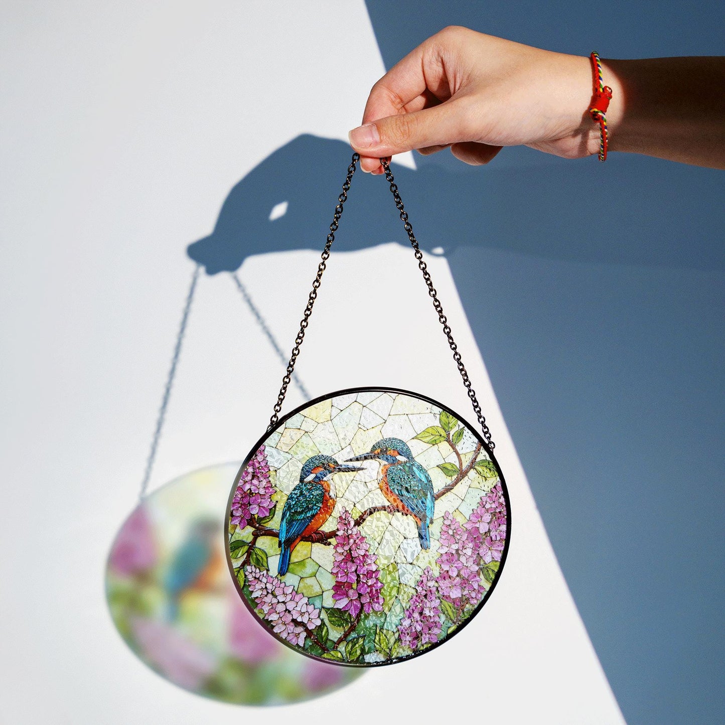 Kingfishers on Lilac Branch Stained Glass Suncatcher Window Decor Gift for Bird Lovers