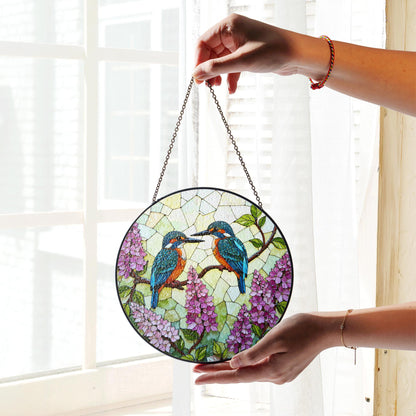 Kingfishers on Lilac Branch Stained Glass Suncatcher Window Decor Gift for Bird Lovers