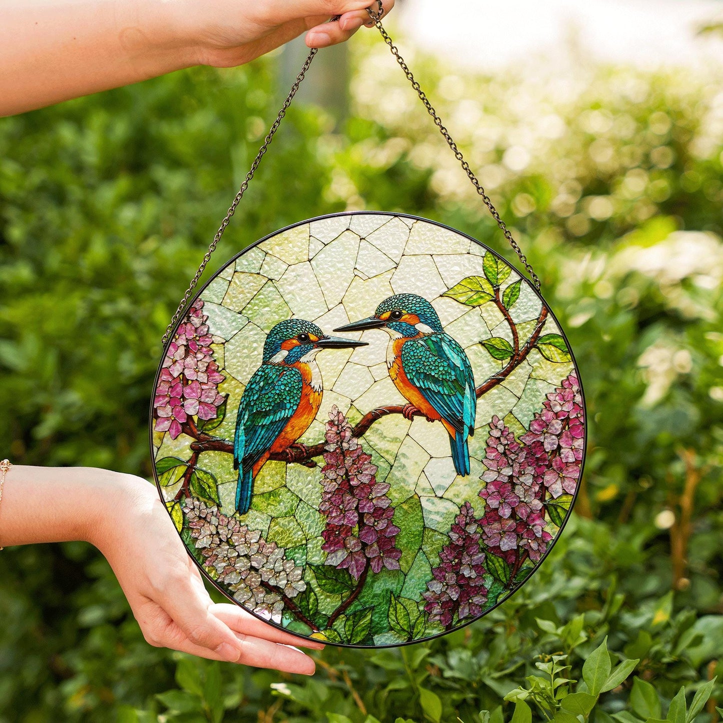 Kingfishers on Lilac Branch Stained Glass Suncatcher Window Decor Gift for Bird Lovers