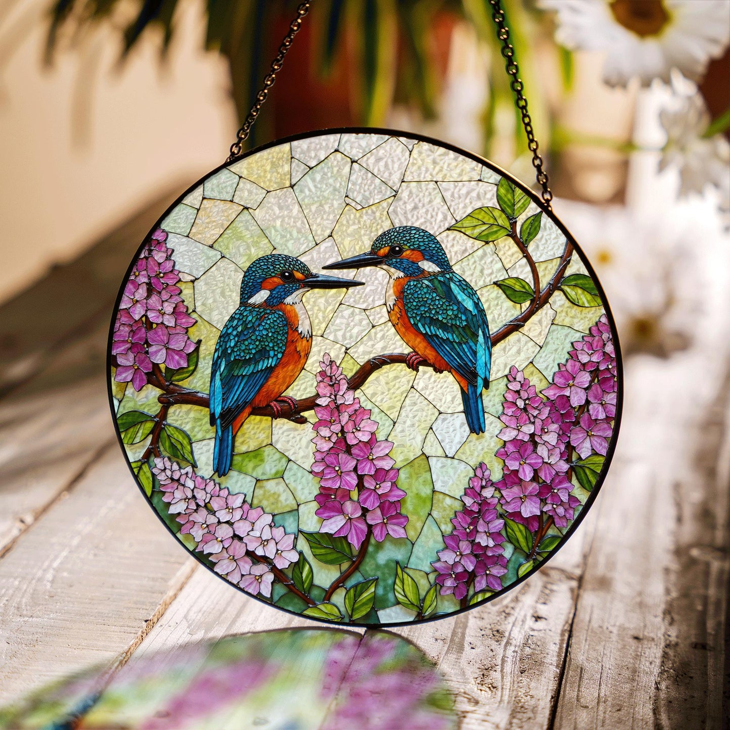 Kingfishers on Lilac Branch Stained Glass Suncatcher Window Decor Gift for Bird Lovers