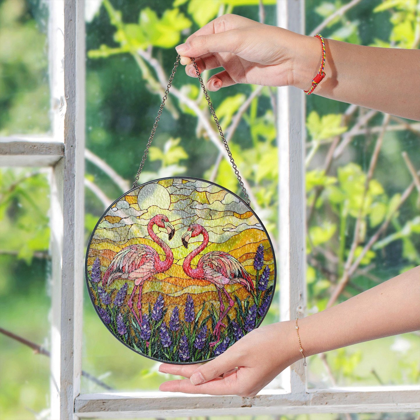 Flamingos In Lavender Field Round Window Hanging Flamingo Suncatcher Gift For Mom
