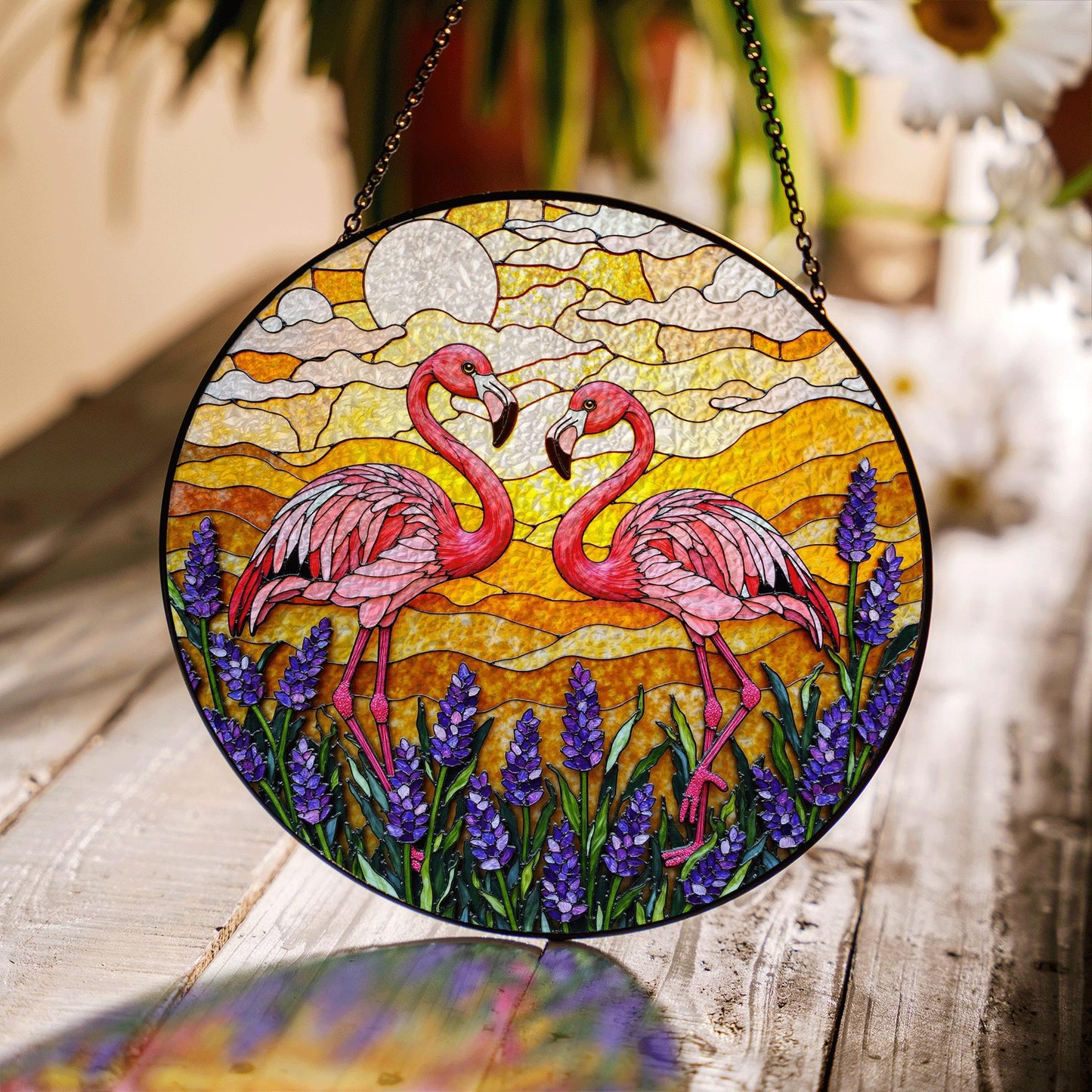 Flamingos In Lavender Field Round Window Hanging Flamingo Suncatcher Gift For Mom