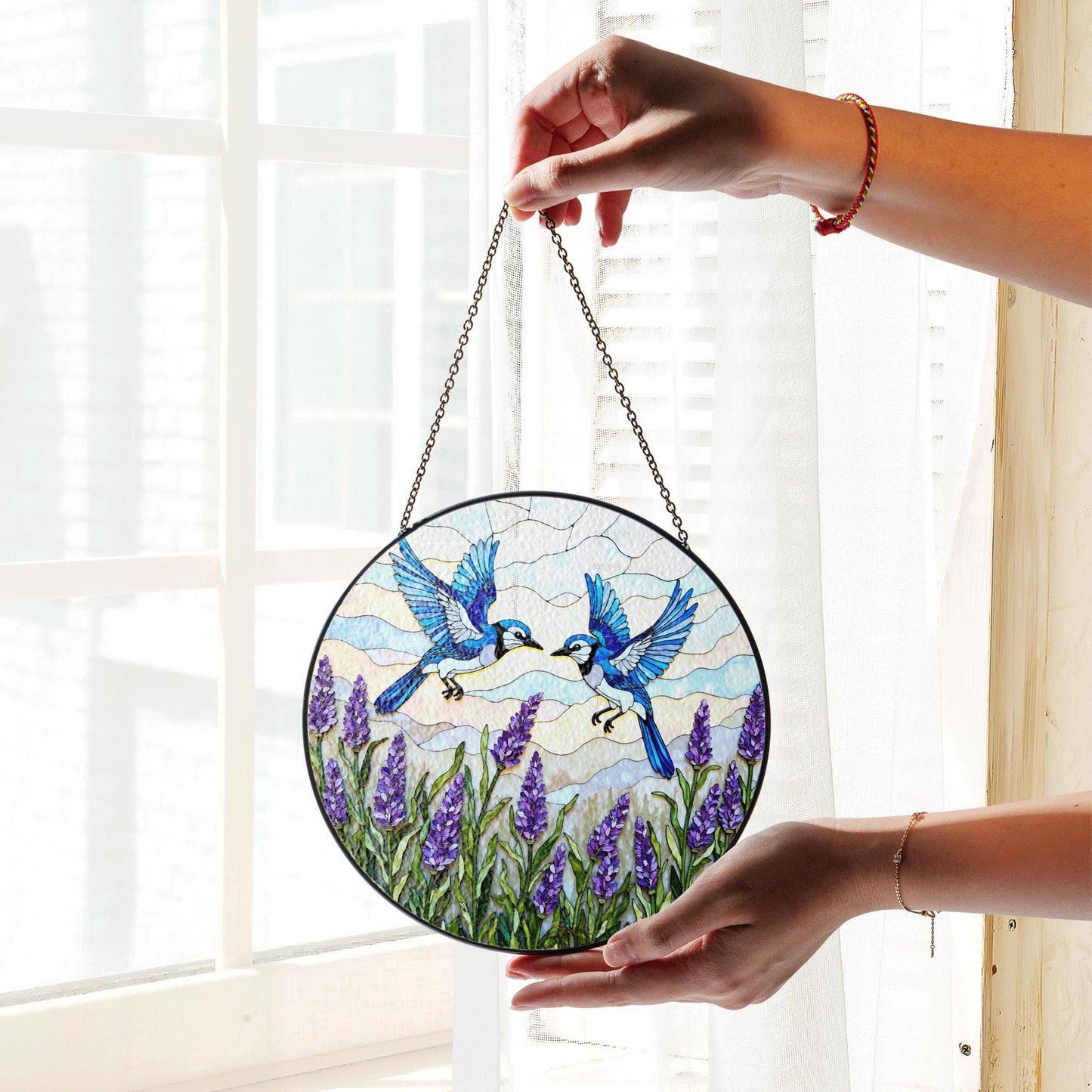 Blue birds with lavender stained glass suncatcher round window decor gift for mom