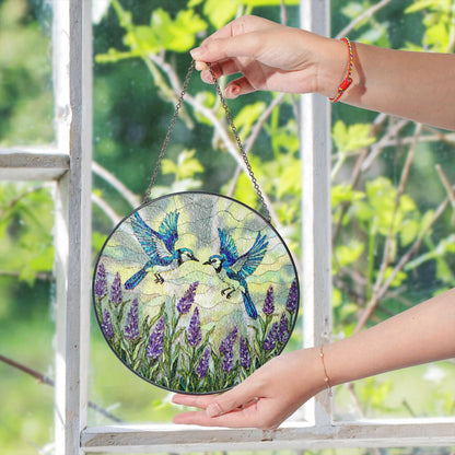 Blue birds with lavender stained glass suncatcher round window decor gift for mom