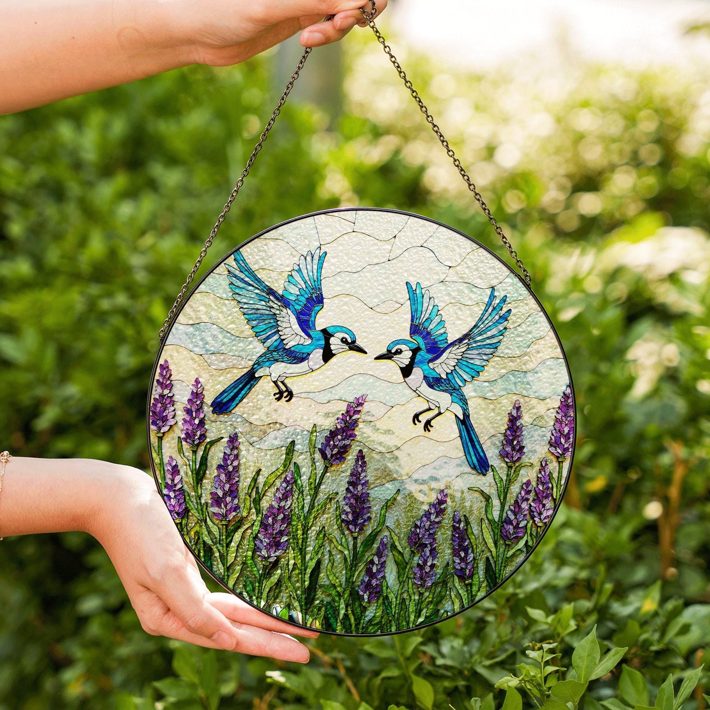 Blue birds with lavender stained glass suncatcher round window decor gift for mom