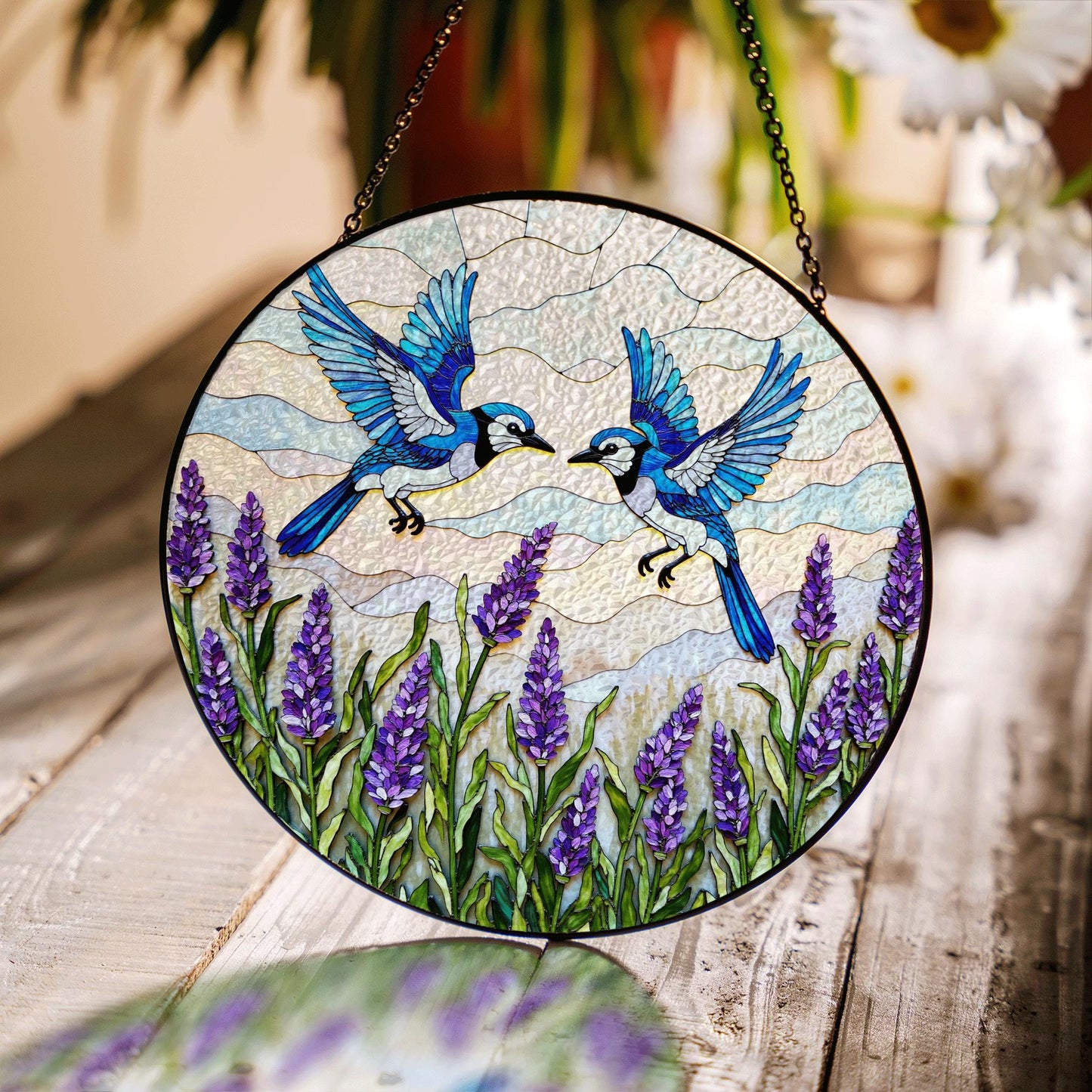 Blue birds with lavender stained glass suncatcher round window decor gift for mom