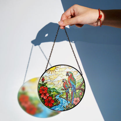 Colorful Parrots River Scene Stained Glass Style Suncatcher Window Hanging Gift for Mom