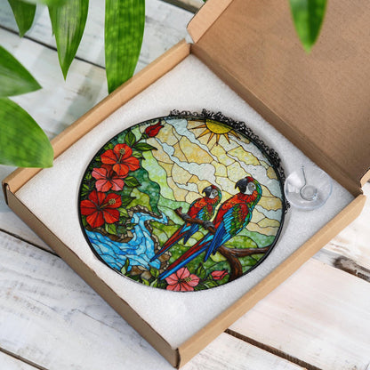 Colorful Parrots River Scene Stained Glass Style Suncatcher Window Hanging Gift for Mom