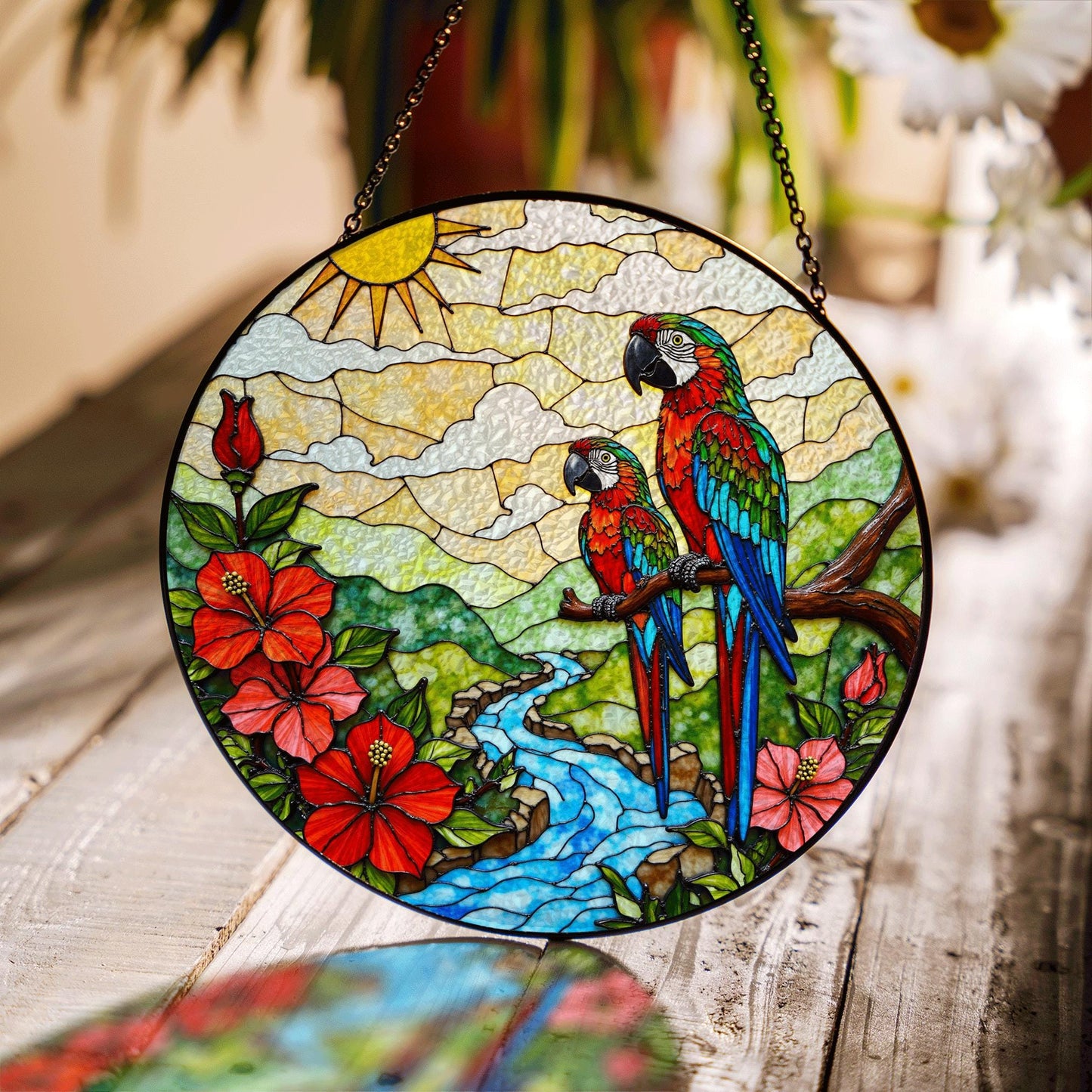 Colorful Parrots River Scene Stained Glass Style Suncatcher Window Hanging Gift for Mom