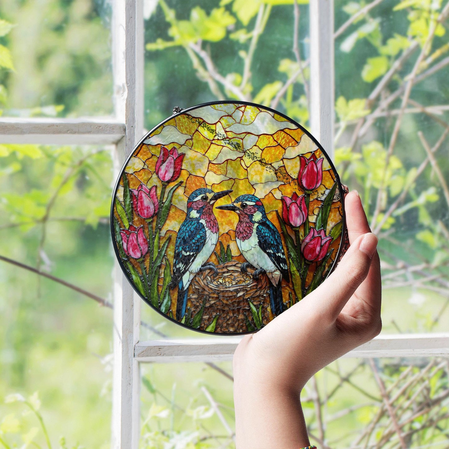 Two Birds and Tulips Stained Glass Suncatcher Colorful Window Hanging Gift for Mom