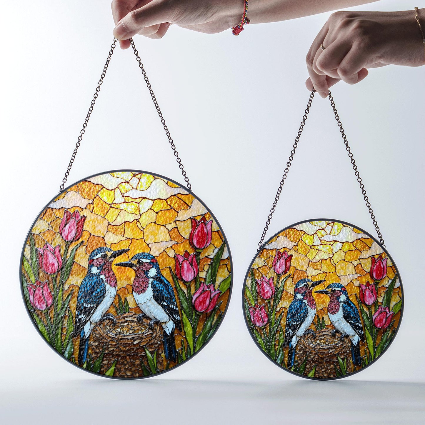 Two Birds and Tulips Stained Glass Suncatcher Colorful Window Hanging Gift for Mom
