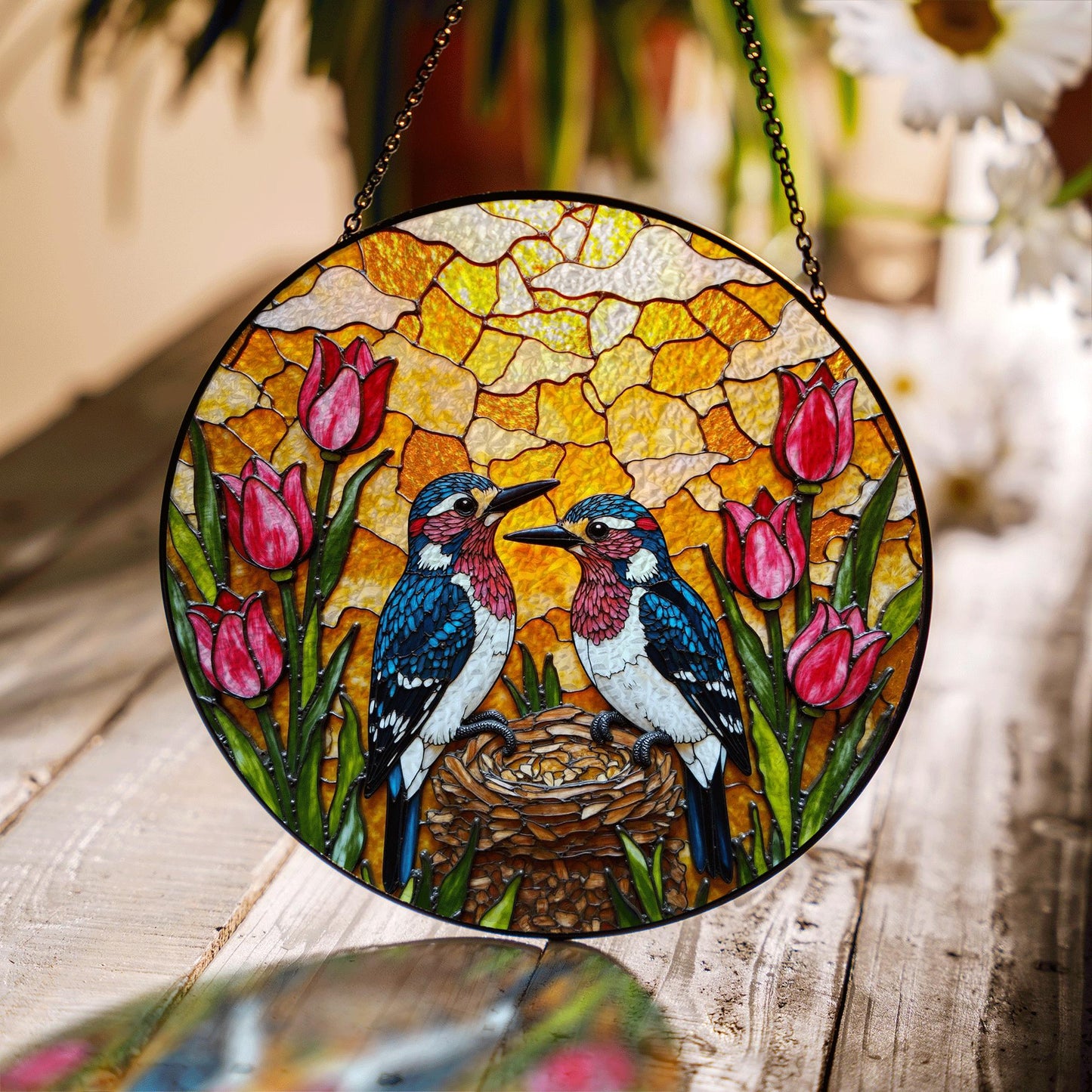 Two Birds and Tulips Stained Glass Suncatcher Colorful Window Hanging Gift for Mom