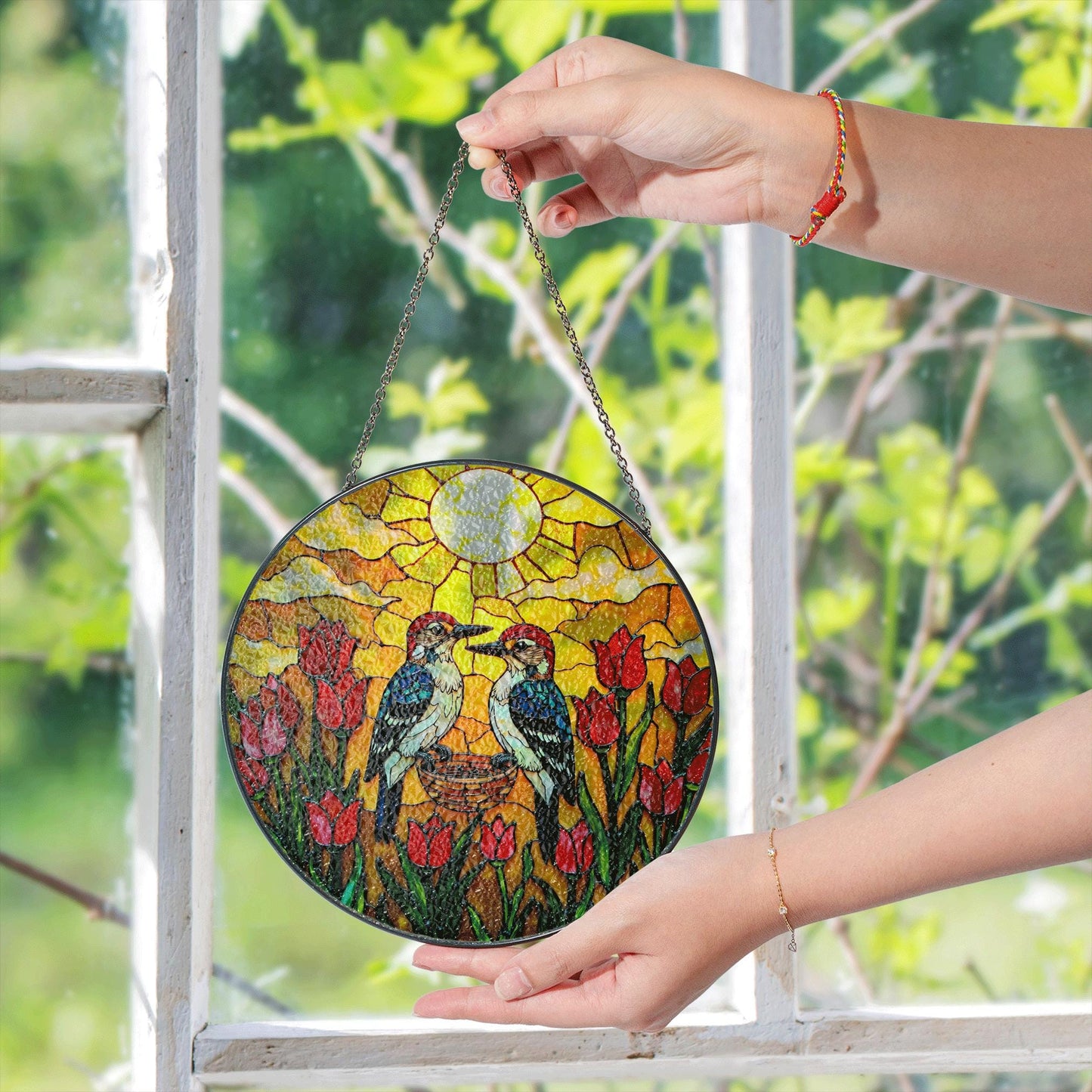 Woodpeckers Tulip Garden Stained Glass Suncatcher Window Hanging Bird Gift for Mom