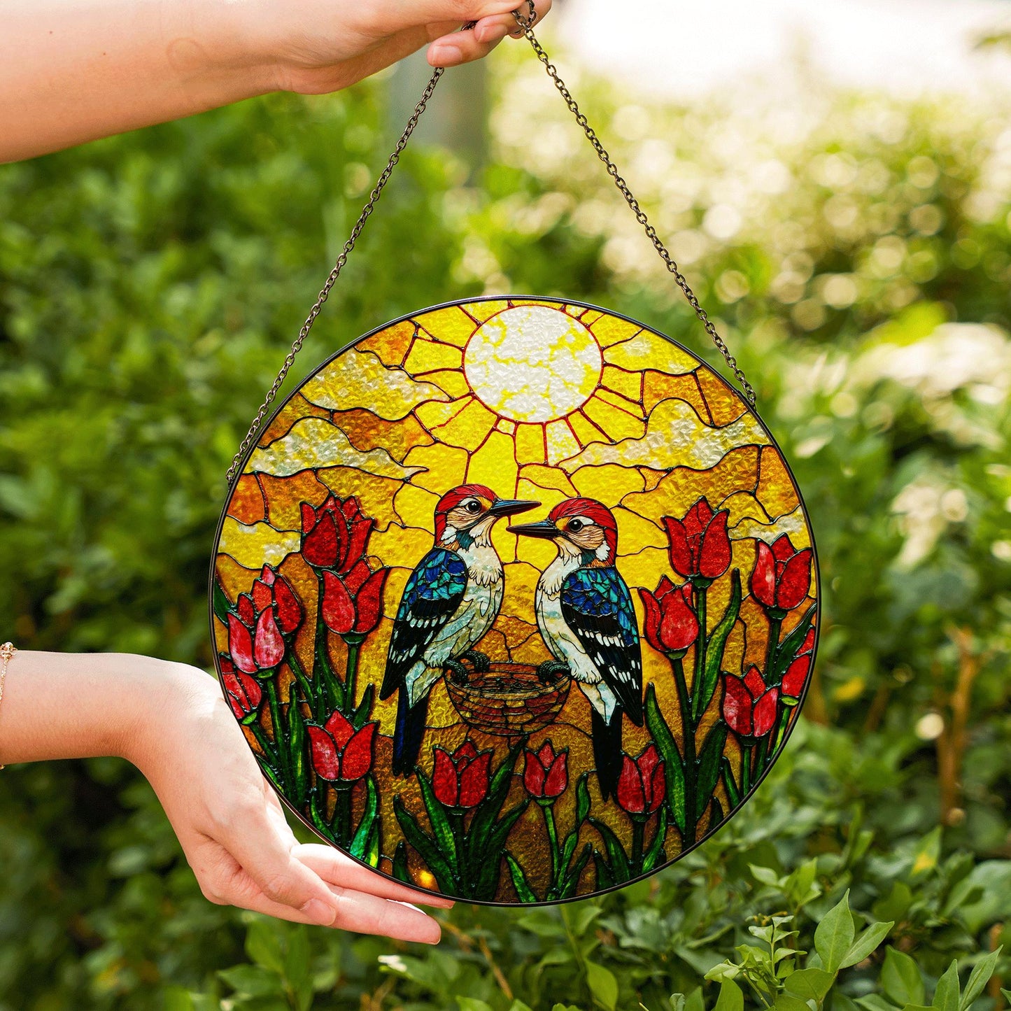 Woodpeckers Tulip Garden Stained Glass Suncatcher Window Hanging Bird Gift for Mom