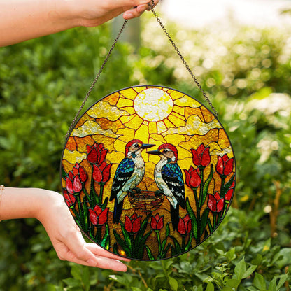 Woodpeckers Tulip Garden Stained Glass Suncatcher Window Hanging Bird Gift for Mom