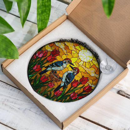 Woodpeckers Tulip Garden Stained Glass Suncatcher Window Hanging Bird Gift for Mom