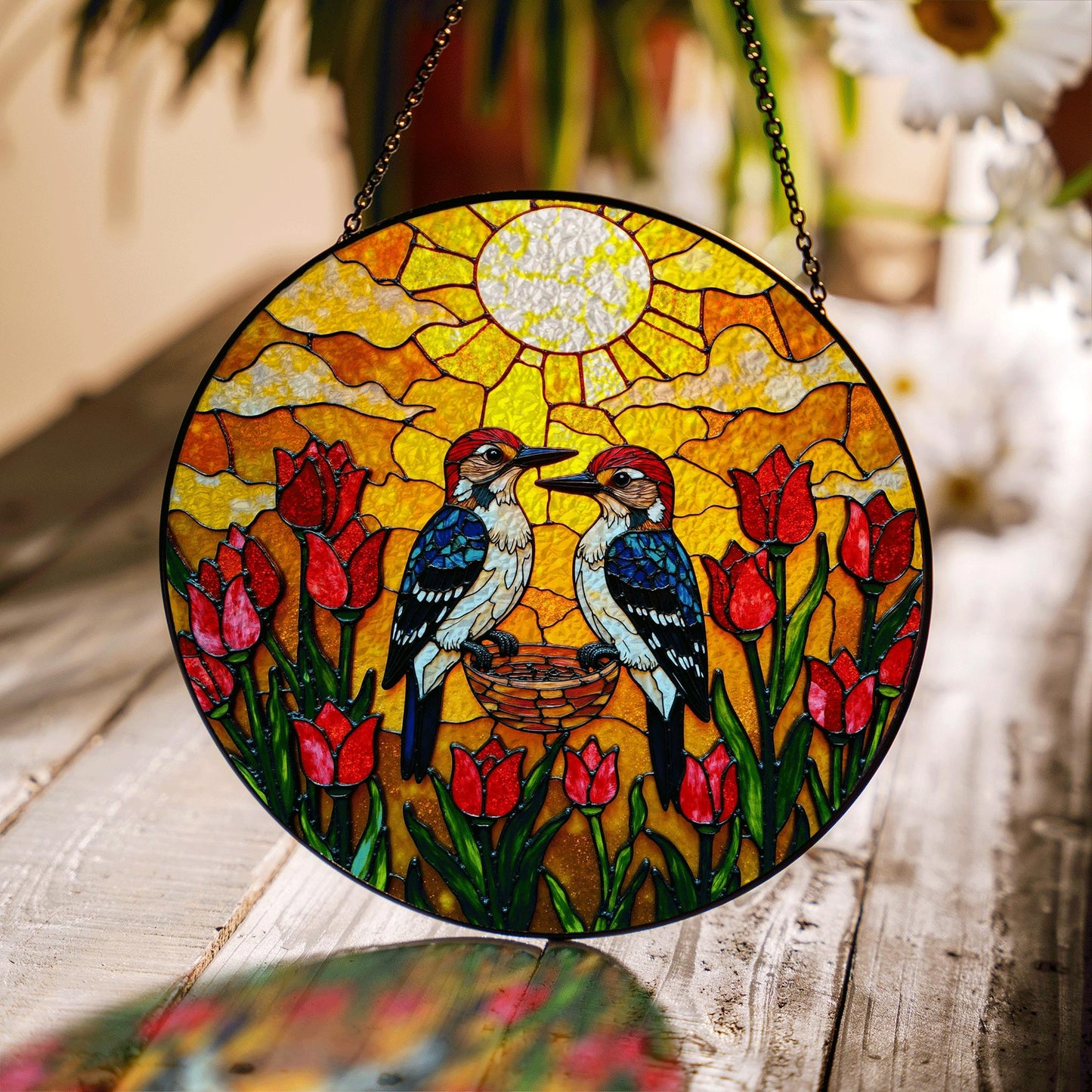 Woodpeckers Tulip Garden Stained Glass Suncatcher Window Hanging Bird Gift for Mom